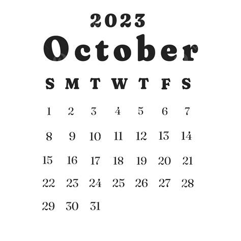 October 2023 Monthly Calendar Template October Monthly Calendar Png