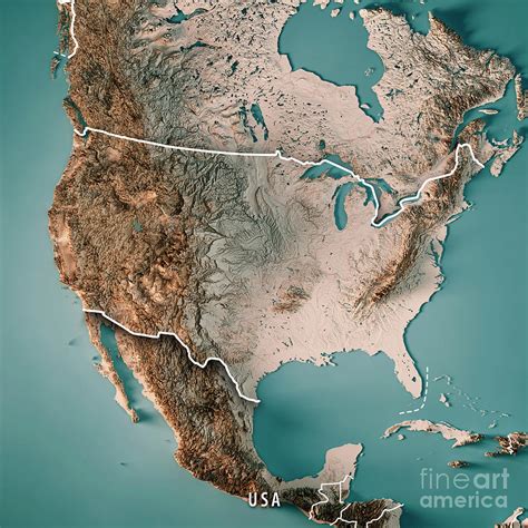 Usa 3d Render Topographic Map Neutral Border Digital Art By Frank