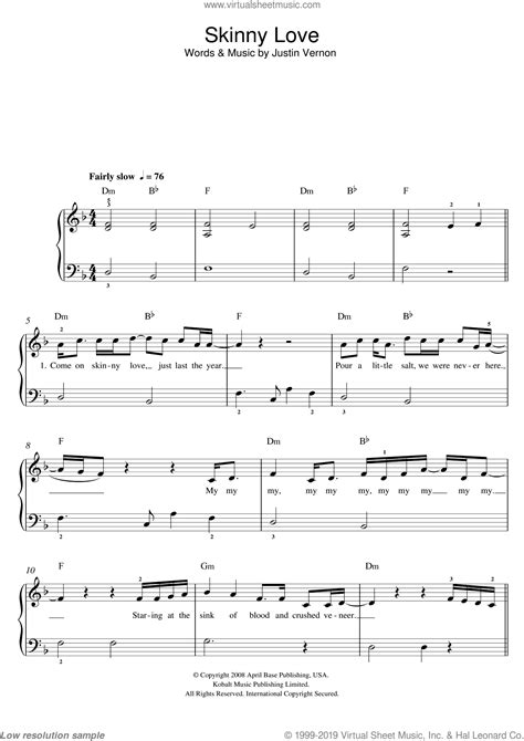 Birdy Skinny Love Sheet Music For Piano Solo Pdf Interactive