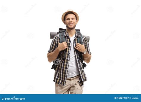 cheerful male tourist with a backpack stock image image of handsome adult 152272487