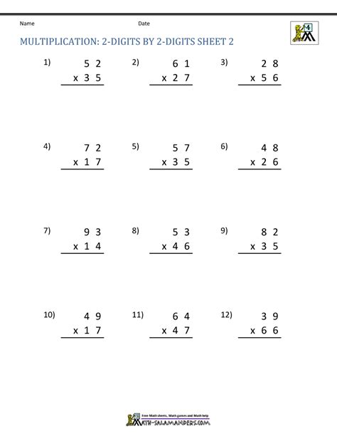 Math Worksheet For 4th Graders Multiplying Two Numbers