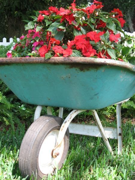 Vintage Aqua Wheelbarrow Filled With Flowers Rustic Gardens