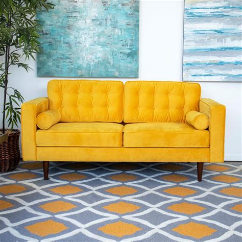 Mid Century Modern Harriet Loveseat Gold Velvet Sofa