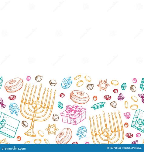 Jewish Holiday Hanukkah Greeting Card Seamless Border Of Traditional