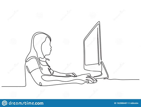 Continuous One Line Drawing Of Woman Doing Work With Computer Young