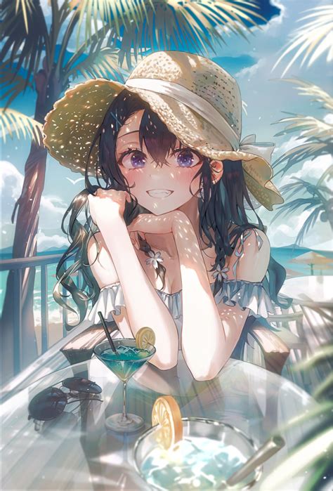 Wallpaper Anime Girls Straw Hat Drink Beach 1000x1475 Lb1078551406 2143681 Hd