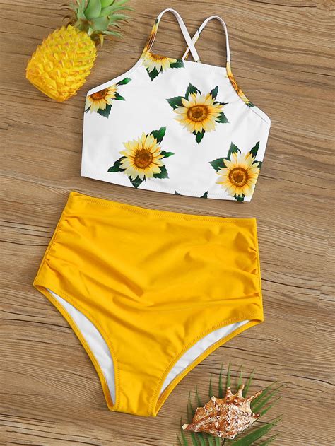 Sunflower Print Lace Up Back Bikini Set