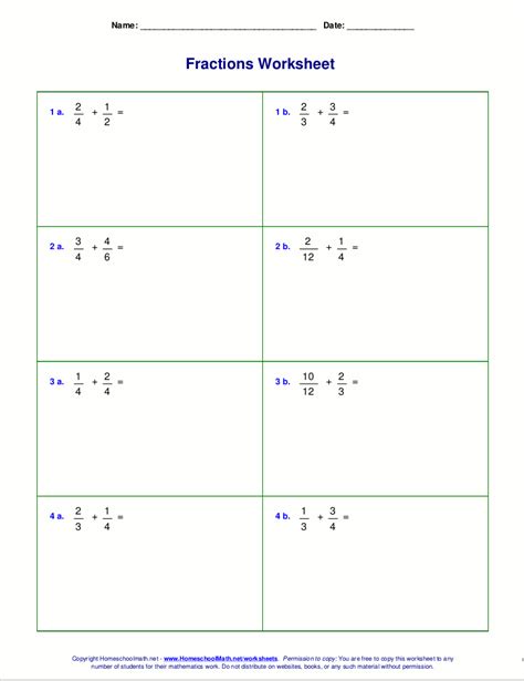 Adding Fractions And Mixed Numbers With Unlike Denominators Worksheets