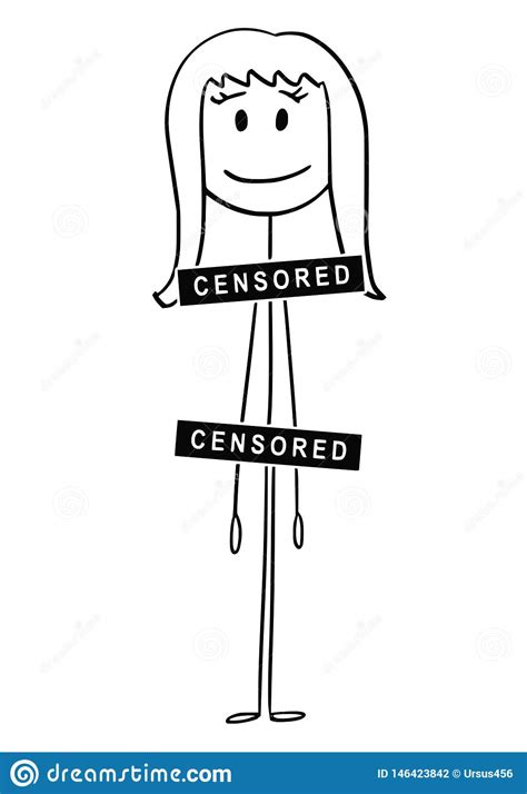 Cartoon Of Naked Or Nude Woman With Censored Bar Or Sign Covering Breasts Genitalia Groin Or