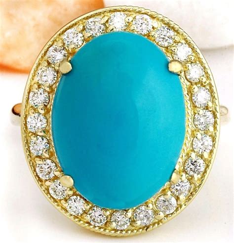 9 12 CTW Natural Turquoise 14K Solid Yellow Gold Diamond Rin