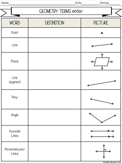 Geometry Terms Notes And Worksheets Lindsay Bowden