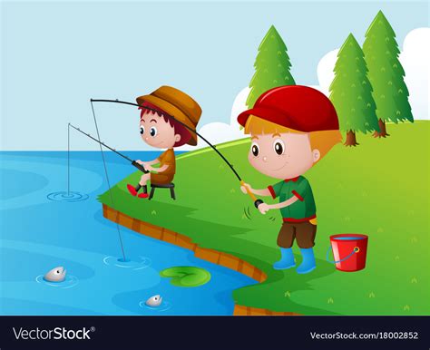 Two Boys Fishing By The River Royalty Free Vector Image