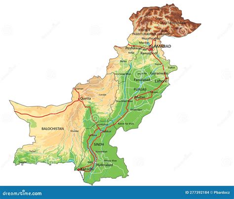 Detailed Pakistan Physical Map With Labeling Vector Illustration
