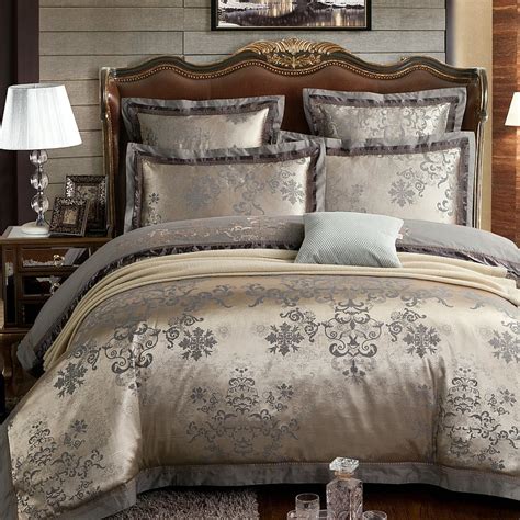 Gray Luxury Bedding Set Oriental Embroidery Jacquard King Queen Size 4 6pcs Silk Cotton Satin