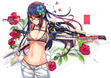 Wallpaper Original Characters Anime Girls Flowers Sword Katana