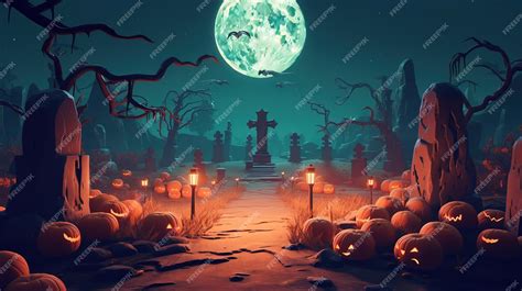 Premium Ai Image Halloween Landscape Table And Graveyard In Spooky Night