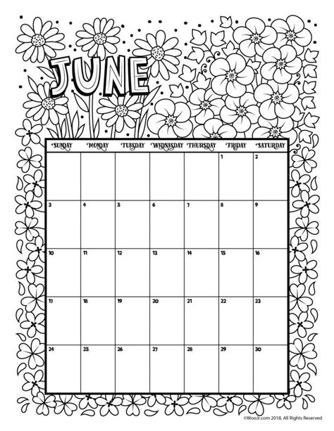June 2018 Coloring Calendar Page Calendar Pages Print Calendar