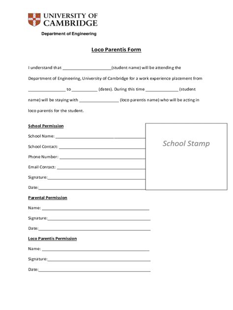 Fillable Online Loco Parentis Form Department Of Engineering