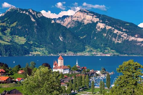 Premium Photo Aerial View Of Spiez Church And Castle On The Shore Of