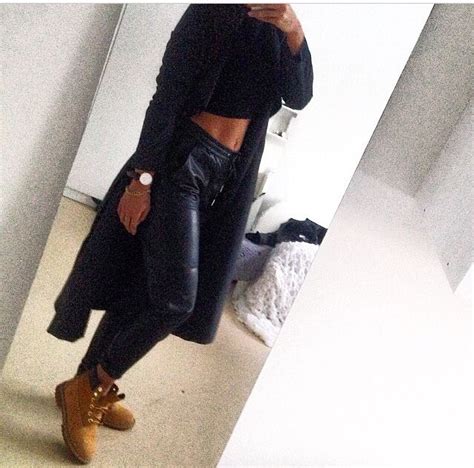 women all black leather timbs