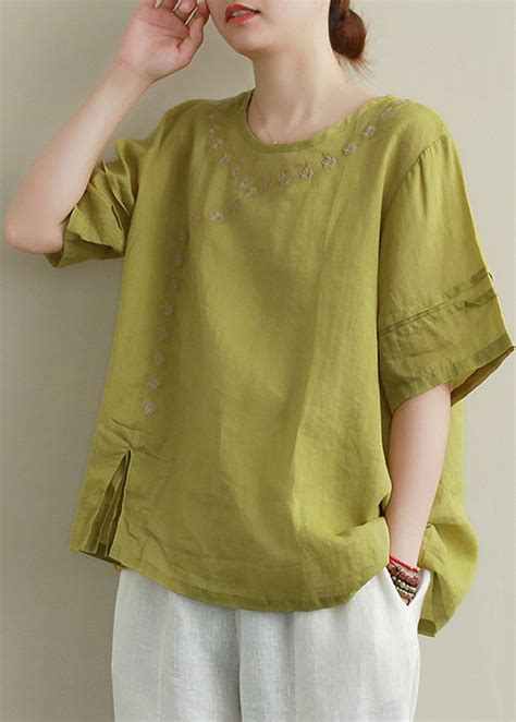 Women O Neck Linen Cotton Summer Top Green Embroidery Short Blouse