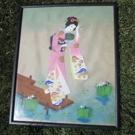 Signed Japanese Watercolor Of A Geisha On Silk Ruby Lane