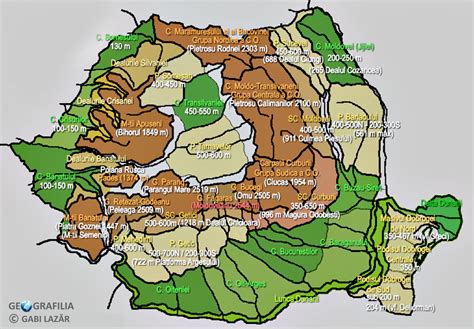 Dimensiune 200 x 140 cm. GEOGRAFILIA: România. Harta unităților de relief (cu altitudinile medii și maxime)