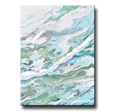 Original Art Light Blue Green Abstract Painting Silver Leaf Marbled Co