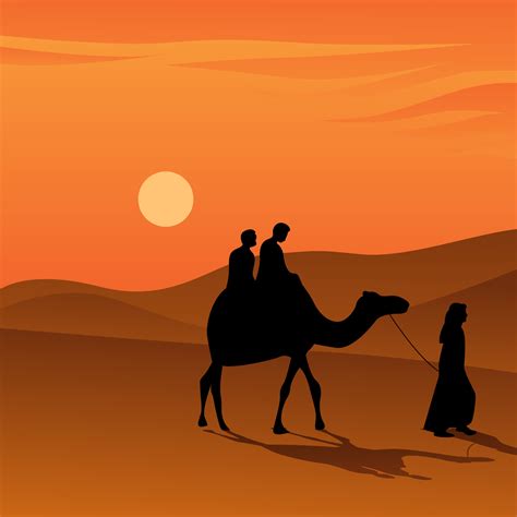 People Riding Camel During Sunset On The Desert Vector Illustration