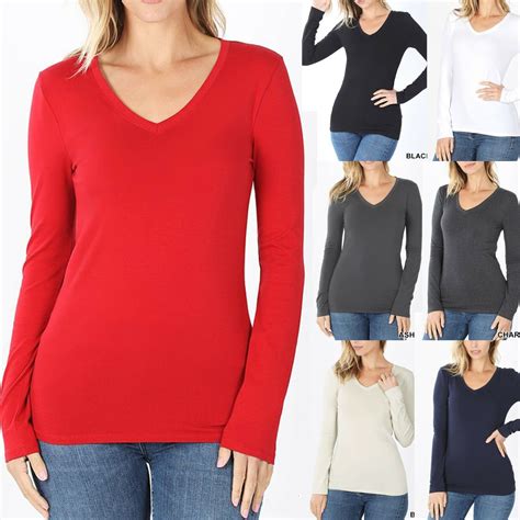 V Neck Basic Long Sleeve Womens T Shirt Casual Layering Top Tight Fitted Cotton Ebay