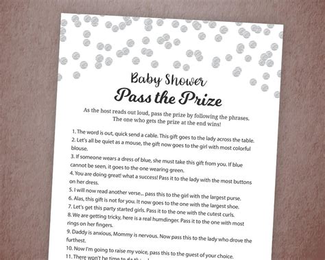 Pass The Prize Game Baby Shower Game Printable Silver