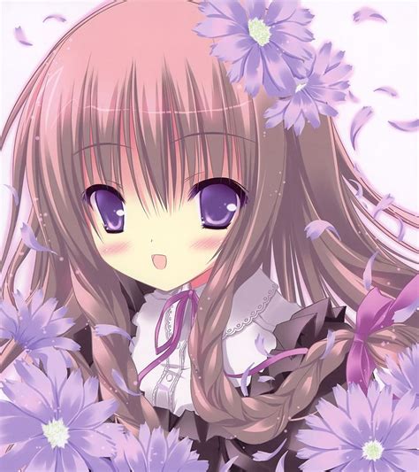 Brunettes Flowers Anime Braids Purple Eyes Flower Petals Free