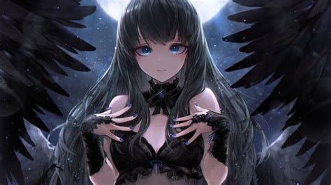 Download 1600x900 Wallpaper Black Angel Cute Anime Girl