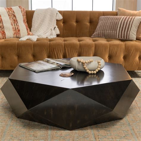 Faceted Large Geometric Coffee Table Round Black Wood Modern Block