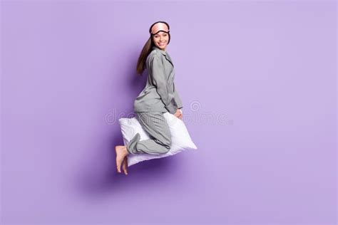 Full Length Body Size Photo Of Pretty Woman Riding On Pillow Flying