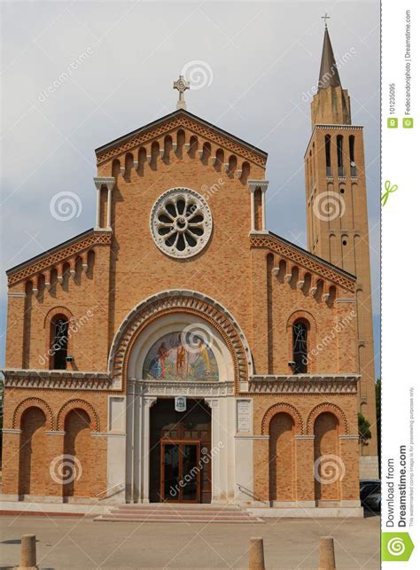 Bell Tower And Facade Of Church In Jesolo City Italy Stock Image