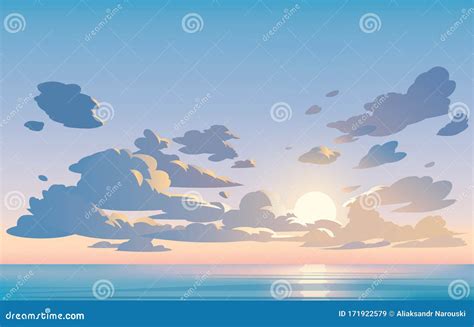 Vector Landscape Blue Sky And Clouds Sunset Anime Cartoon Clean Style
