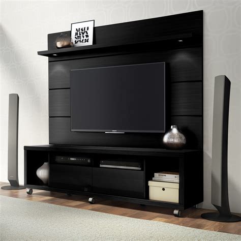 Cabrini Black Tv Stand And Floating Wall Tv Panel W18 Led Lights At