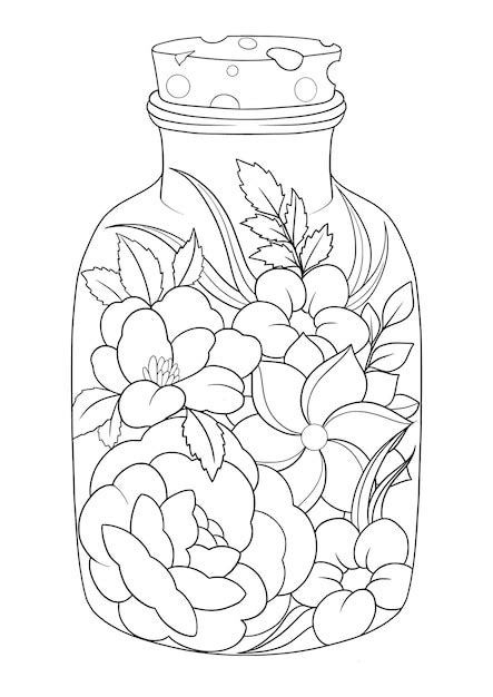 Premium Vector A Jar Full Of Flowers Coloring Page