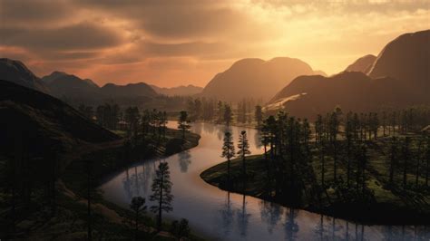 Download Wallpaper 1920x1080 River Bends Trees Outlines Decline