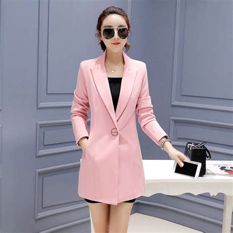 Slim Long Blazer Women Office Wear Cotton Pink Business