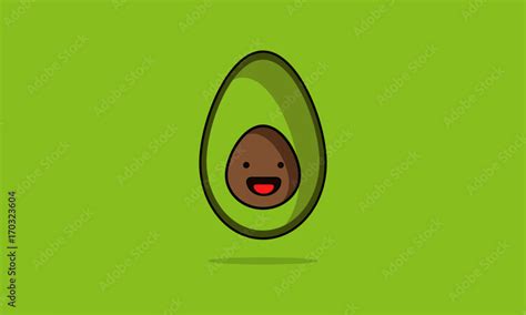 Avocado With Smiley Face Line Art In Flat Style Vector Illustration