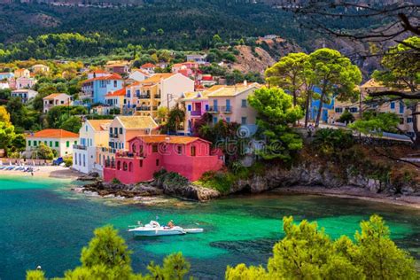 Assos Village In Kefalonia Greece Turquoise Colored Bay In