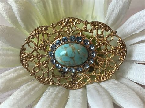 Vintage Large Gold Turquoise Cabochon Brooch With Blue Etsy