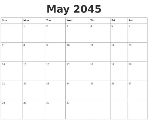 May 2045 Blank Calendar Template