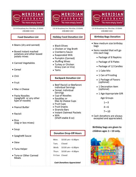 Food pantries, food drives and fund drives are the first step toward solving hunger. Food Donation Lists - Meridian Food Bank