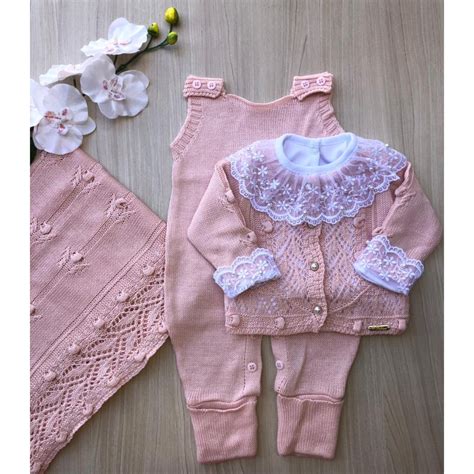 saída de maternidade menina rosa bebê tricot 4 peças completa tricô shopee brasil