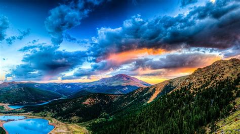 Beautiful Nature Landscape Mountains Forest Lake Clouds Sunset