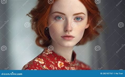 Portrait Of Beautiful Redhead Girl With Freckles On Face Stock