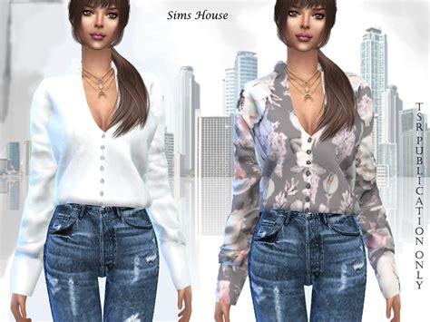 The Sims Resource Womens Blouse With Print And Long Sleeve